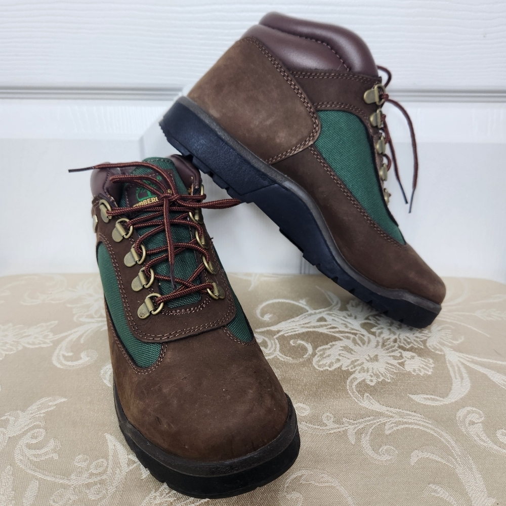 Boys Timberland Hiking Boots Tan Olive Green Field Boot Size 5.5 16937